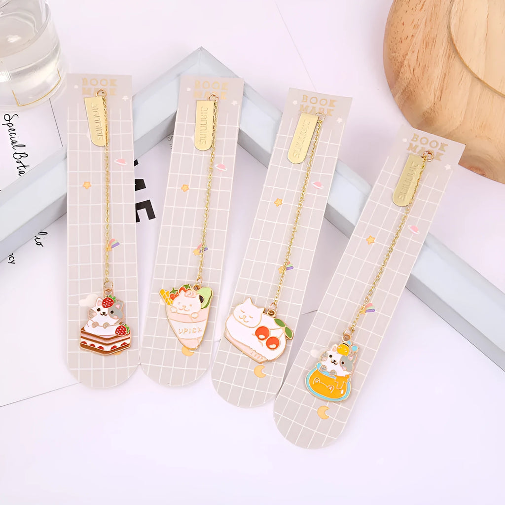 Jane Lime cartoon cat metal bookmark with food-themed designs measuring 3.8cm by 18.3cm