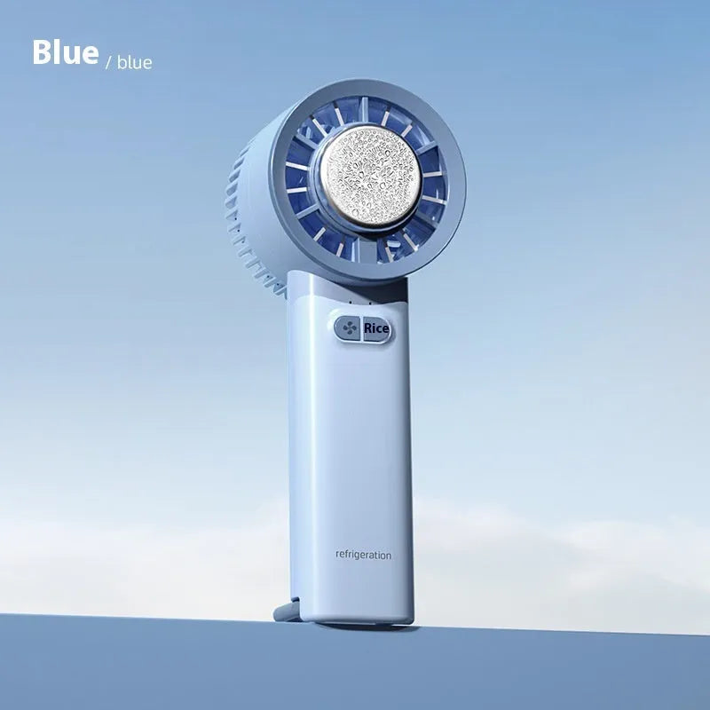 White handheld turbo jet fan with three blades, showing touch controls and compact portable design.