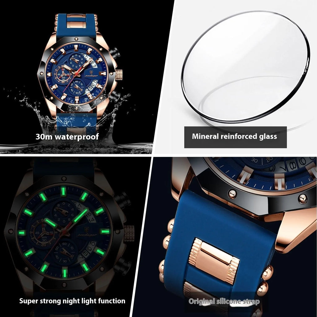 Men's chronograph watch with diamond-shaped dial on silicone strap in rose gold and blue colour combination