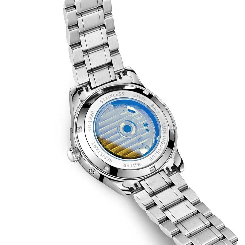 Men's stainless steel mechanical watch with hollow dial, sapphire glass, and leather strap.