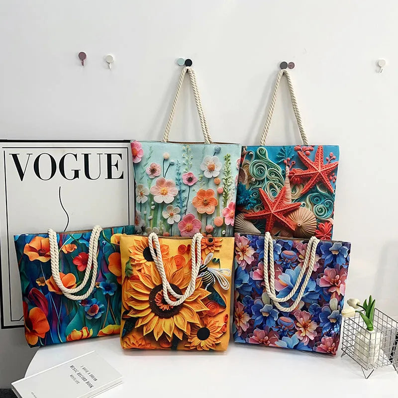 Horizontal square cotton linen shoulder bag with double straps and open front pocket