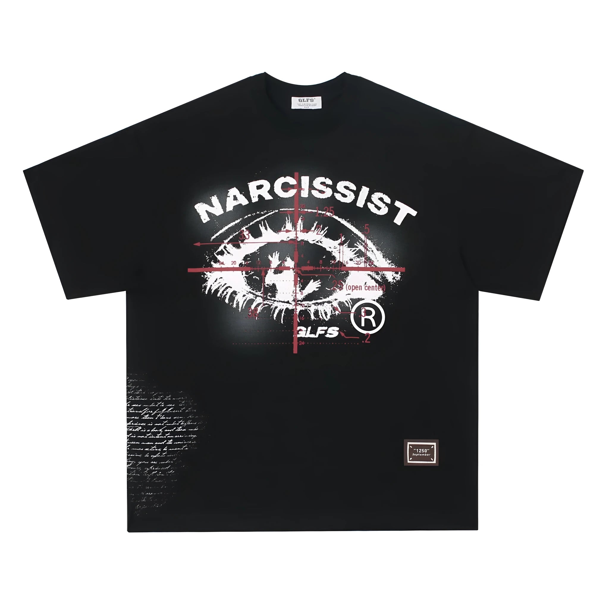 American retro hip hop Gothic design pure cotton T-shirt in black, showing letter pattern on front.