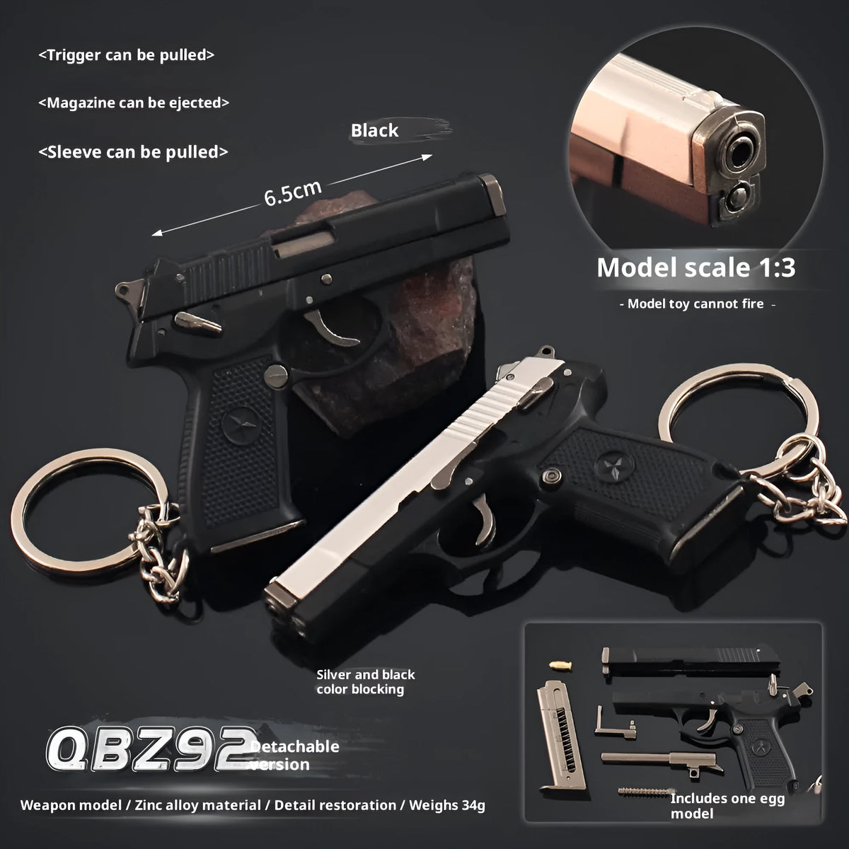Semi-alloy disassembly grab model keychain pendant in black with geometric shape on key ring