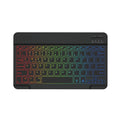 10-inch backlit Bluetooth keyboard for tablets showing colourful lighting with charging cable
