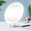 Charging LED fill light makeup mirror with rotating bracket, ABS frame, aluminium mirror lens, USB rechargeable, 15cm, white standing