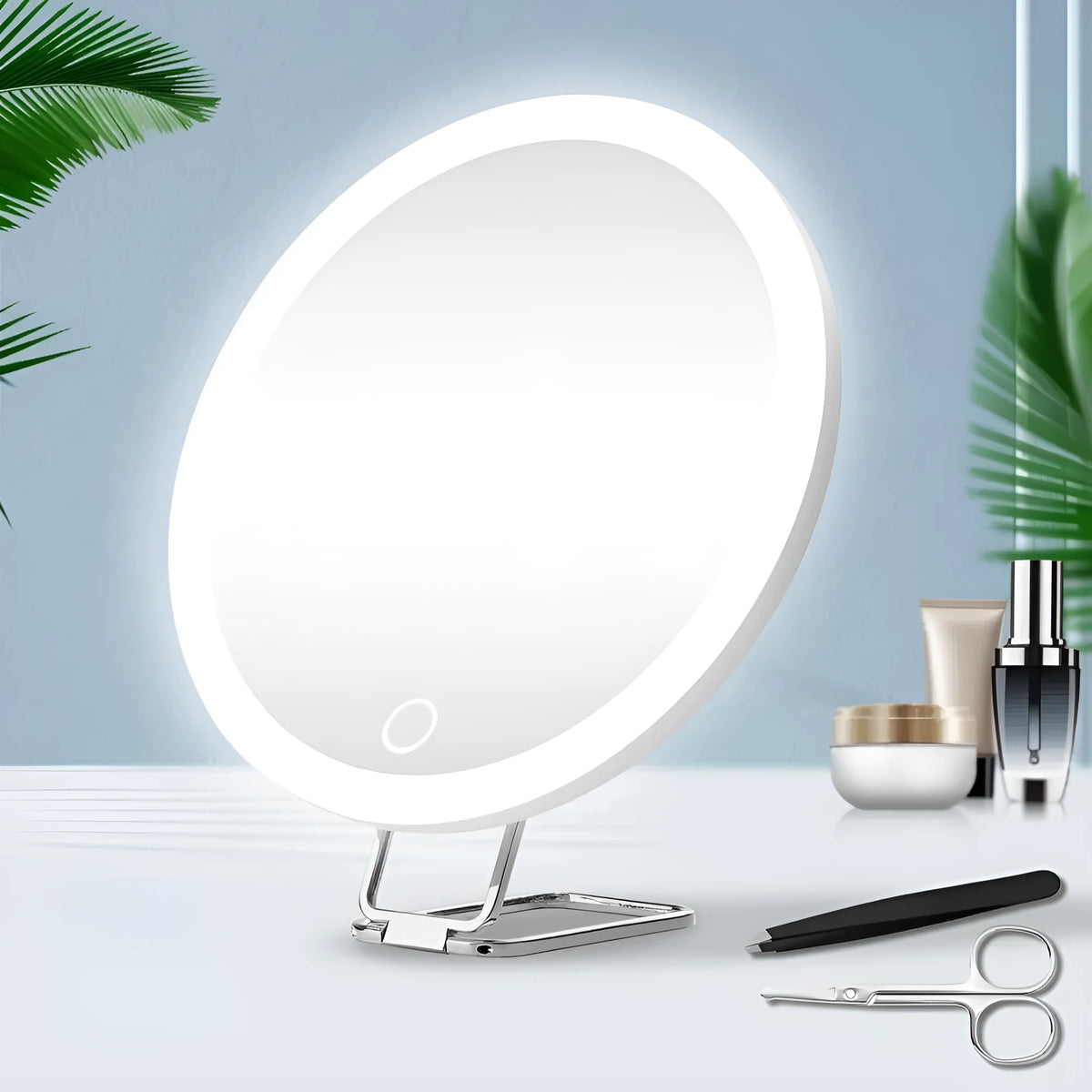 Charging LED fill light makeup mirror with rotating bracket, ABS frame, aluminium mirror lens, USB rechargeable, 15cm, white standing