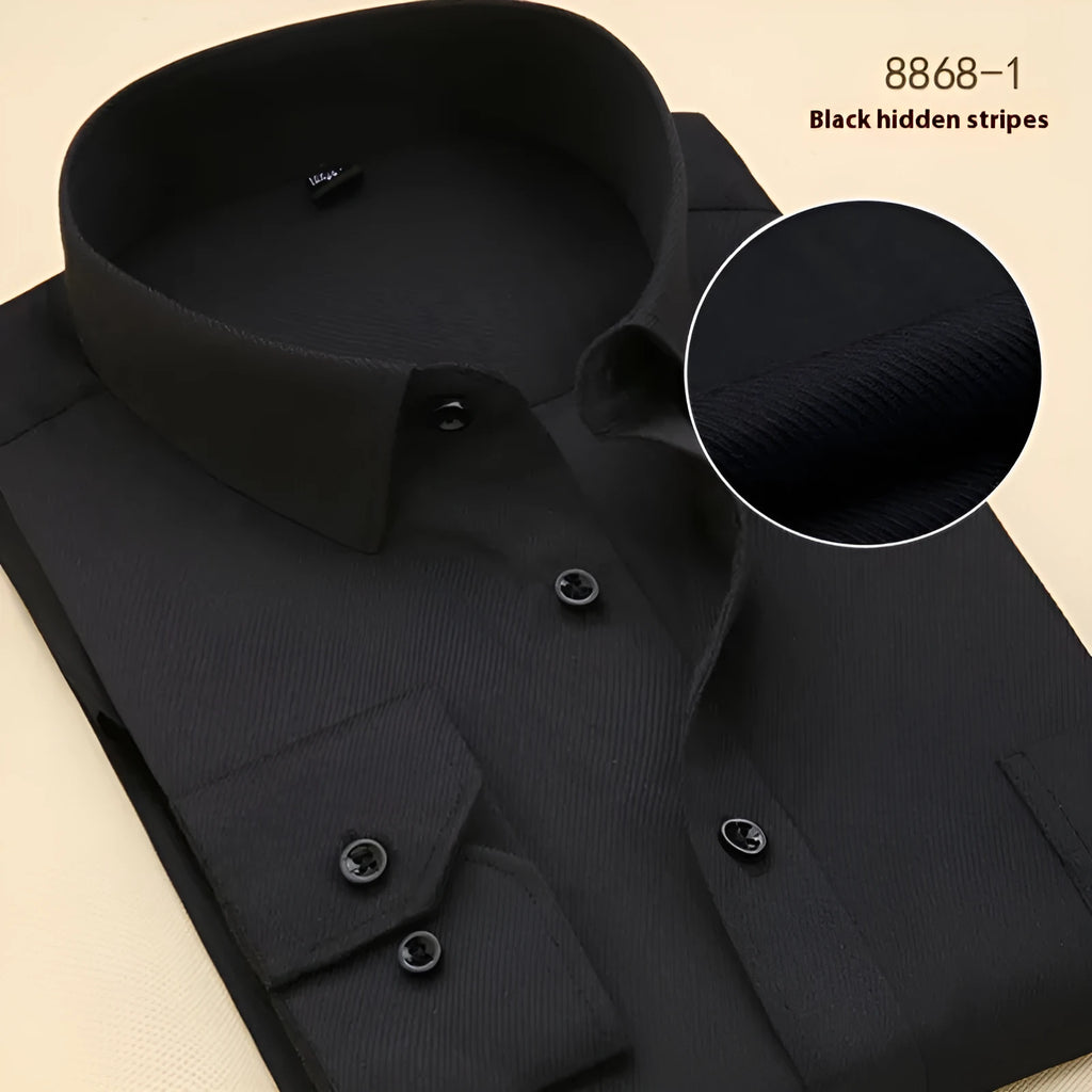 Men's black slim fit long sleeve cotton business shirt on a hanger
