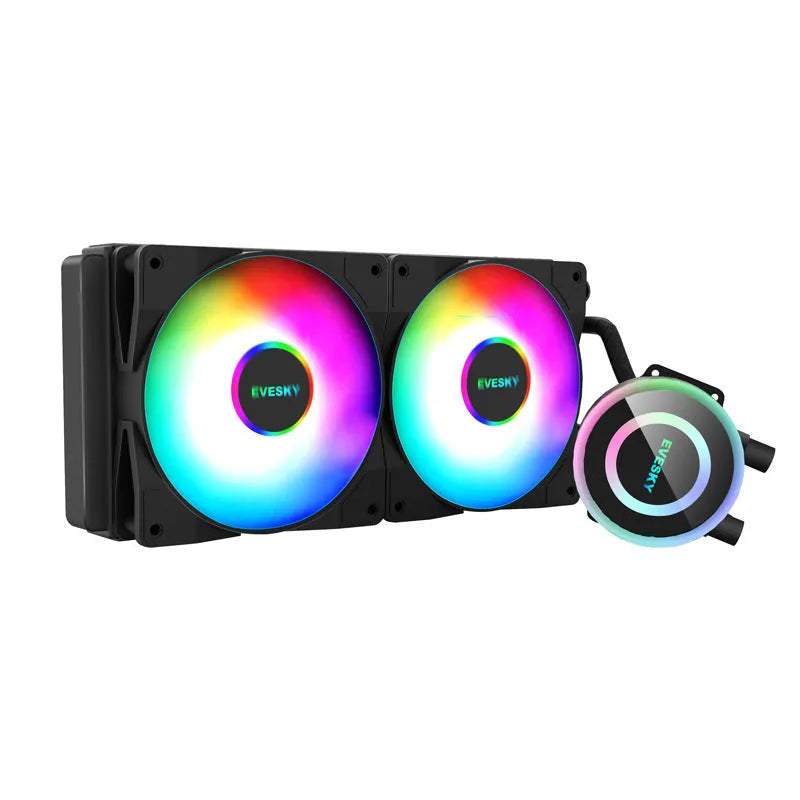 CPU radiator with RGB fans mounted on an aluminium heatsink for PC cooling