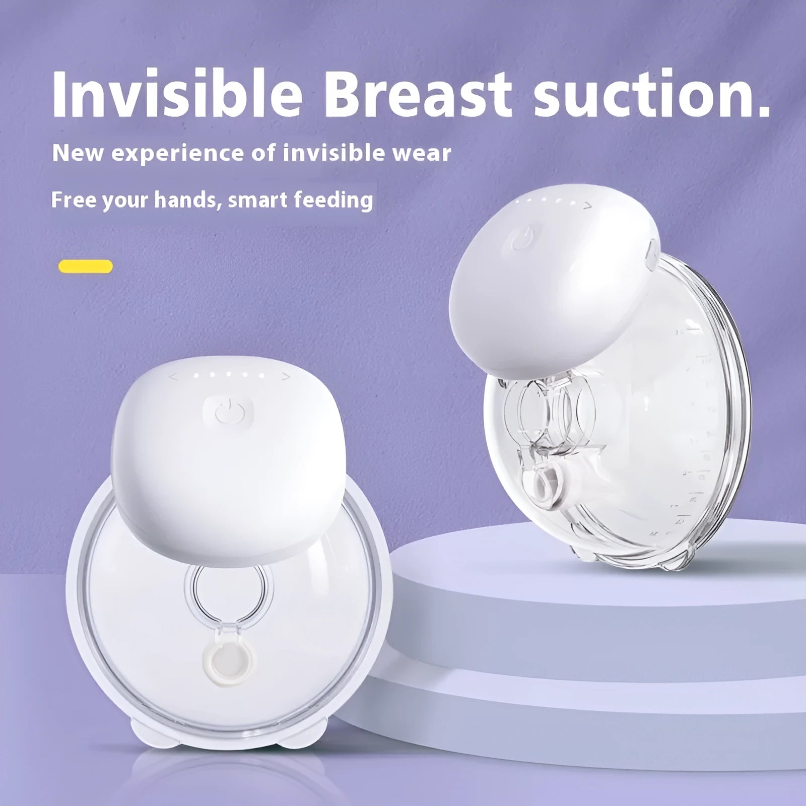 Electric wearable breast pump in polypropylene with USB charging, available in white, pink, and light purple
