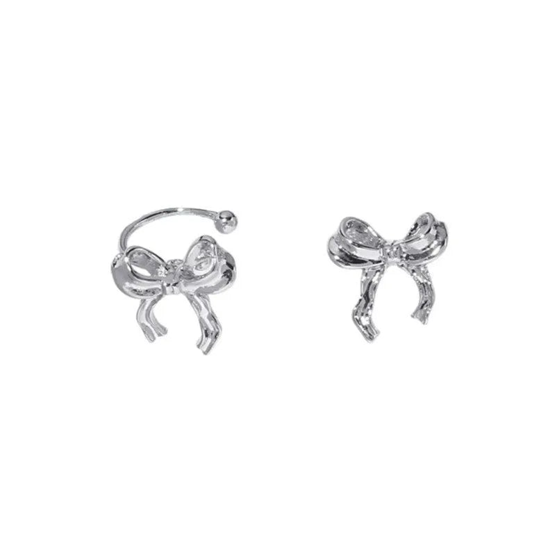 Silver bow copper earrings set with ear clip and ear buckle for women