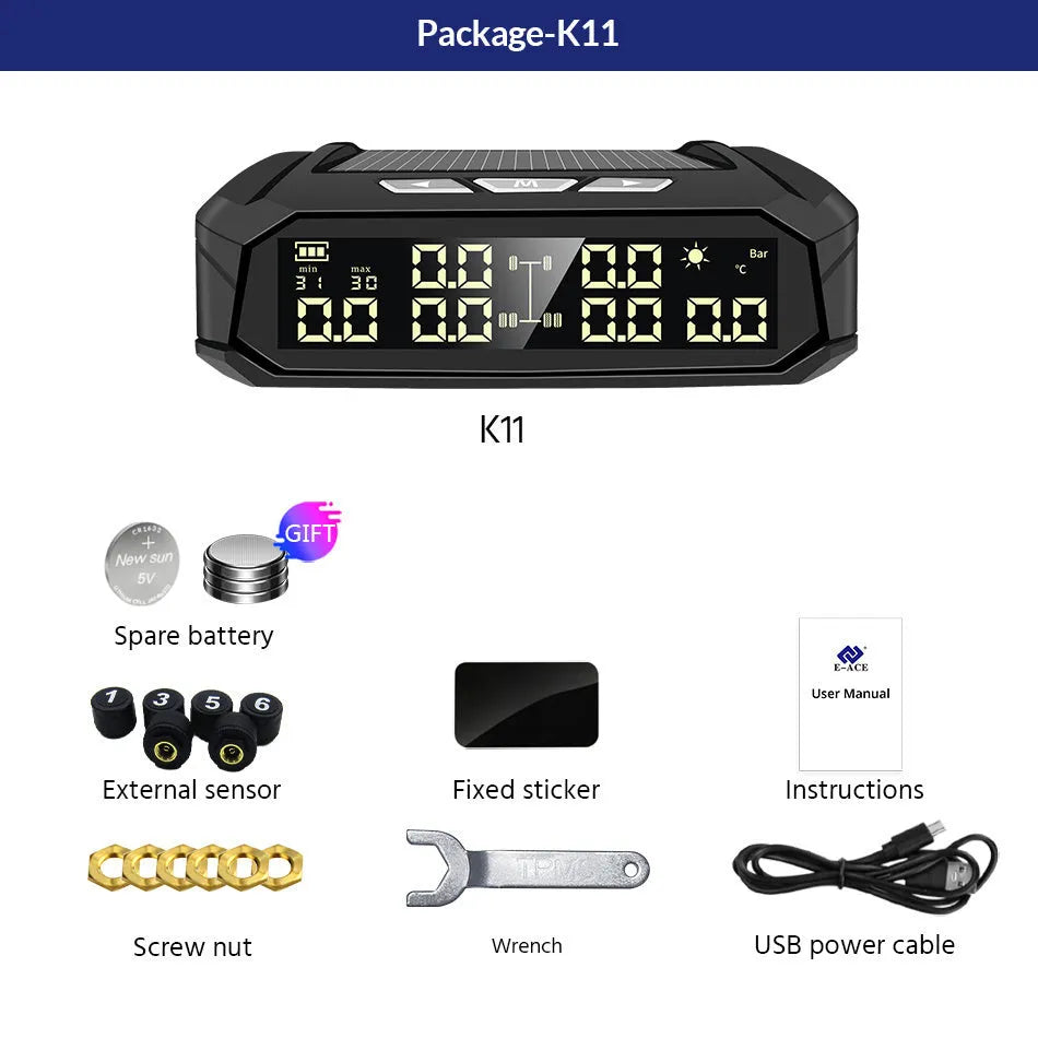 Solar external tyre pressure monitor display unit with colour screen next to six wireless sensors