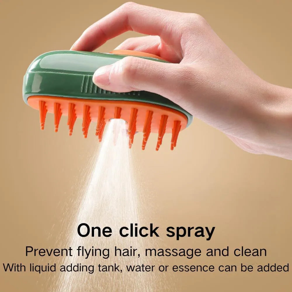 Green and white 3-in-1 cat steam brush with silicone bristles and water spray nozzle.