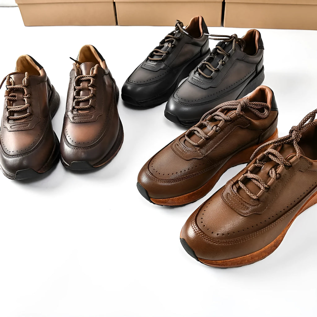 Men's first layer cowhide retro sports casual shoes, lace-up, rubber sole, Brown Coffee Grey, sizes 39-45.