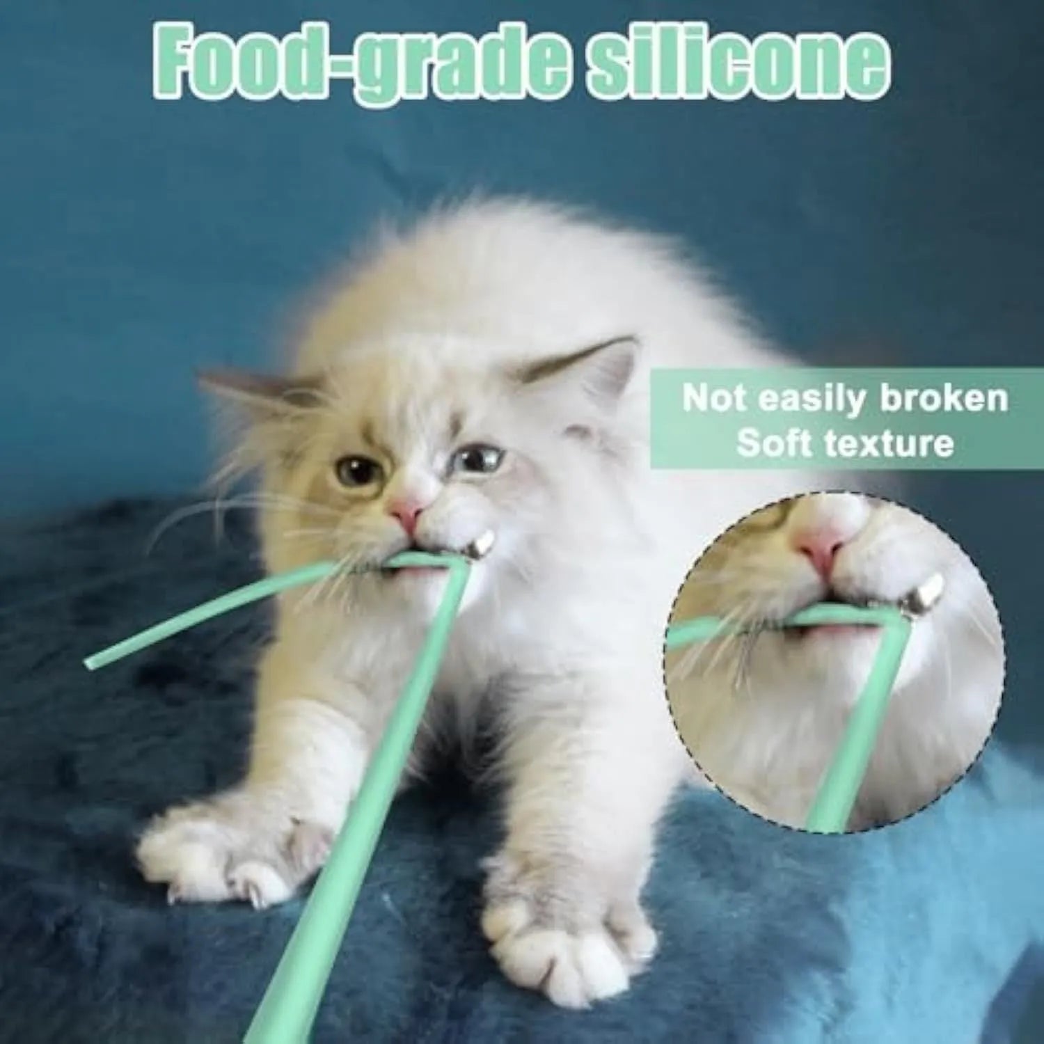 Green automatic cat toy with swinging silicone tails on 38cm wand for indoor feline play