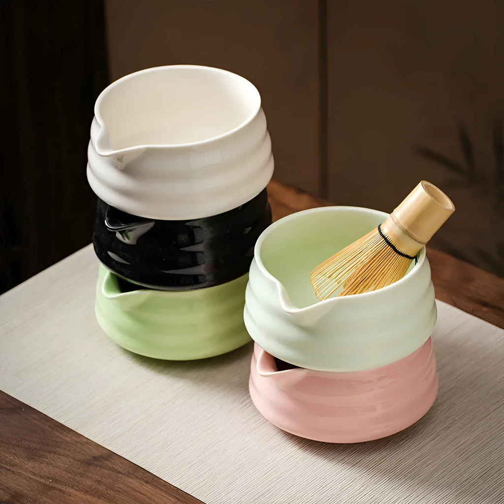 Ceramic matte tea whisk stand in bright pink on a wooden table, 53x40x46mm
