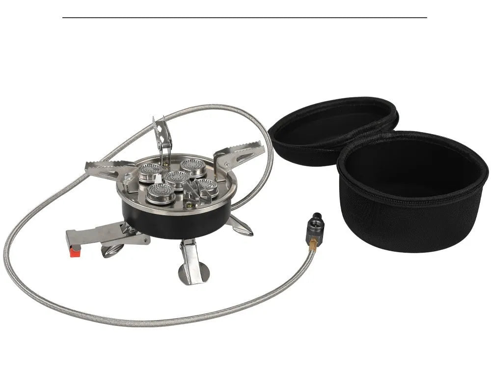 Silver portable stainless steel split camping stove with a long hose, shown folded.