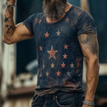 Man wearing a loose-fit 3D pattern art retro T-shirt in short sleeves.