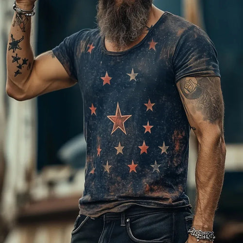 Man wearing a loose-fit 3D pattern art retro T-shirt in short sleeves.