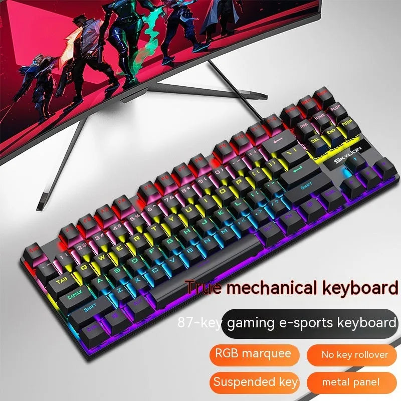 K87 mechanical wired keyboard with metal frame in selected colour, showing green or red switches and 1.4m USB cable.