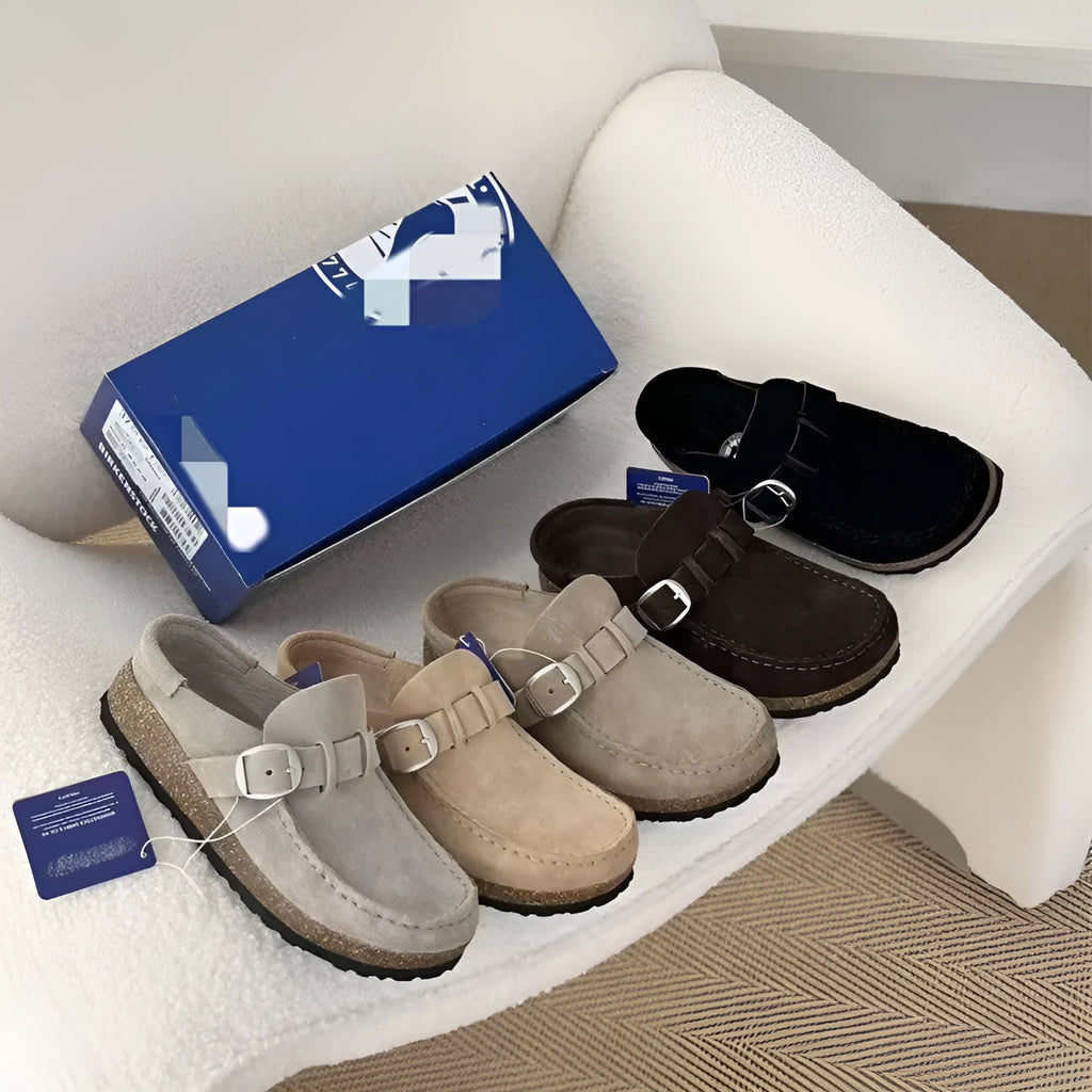 Men's and women's same style mule slippers in sand gray with cow suede upper and cork sole