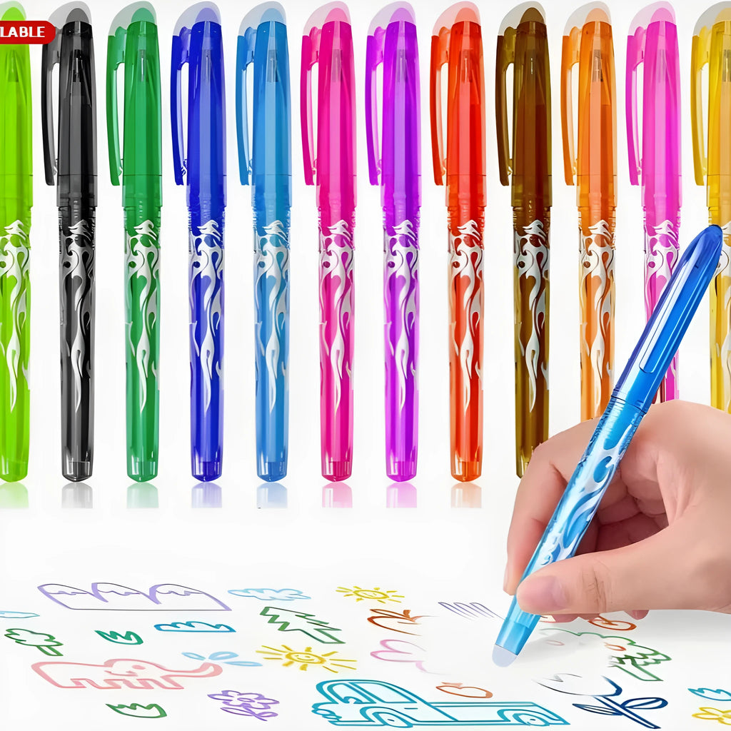 Set of heat-erasable gel pens with plastic bodies and stainless steel nibs in multiple colours.