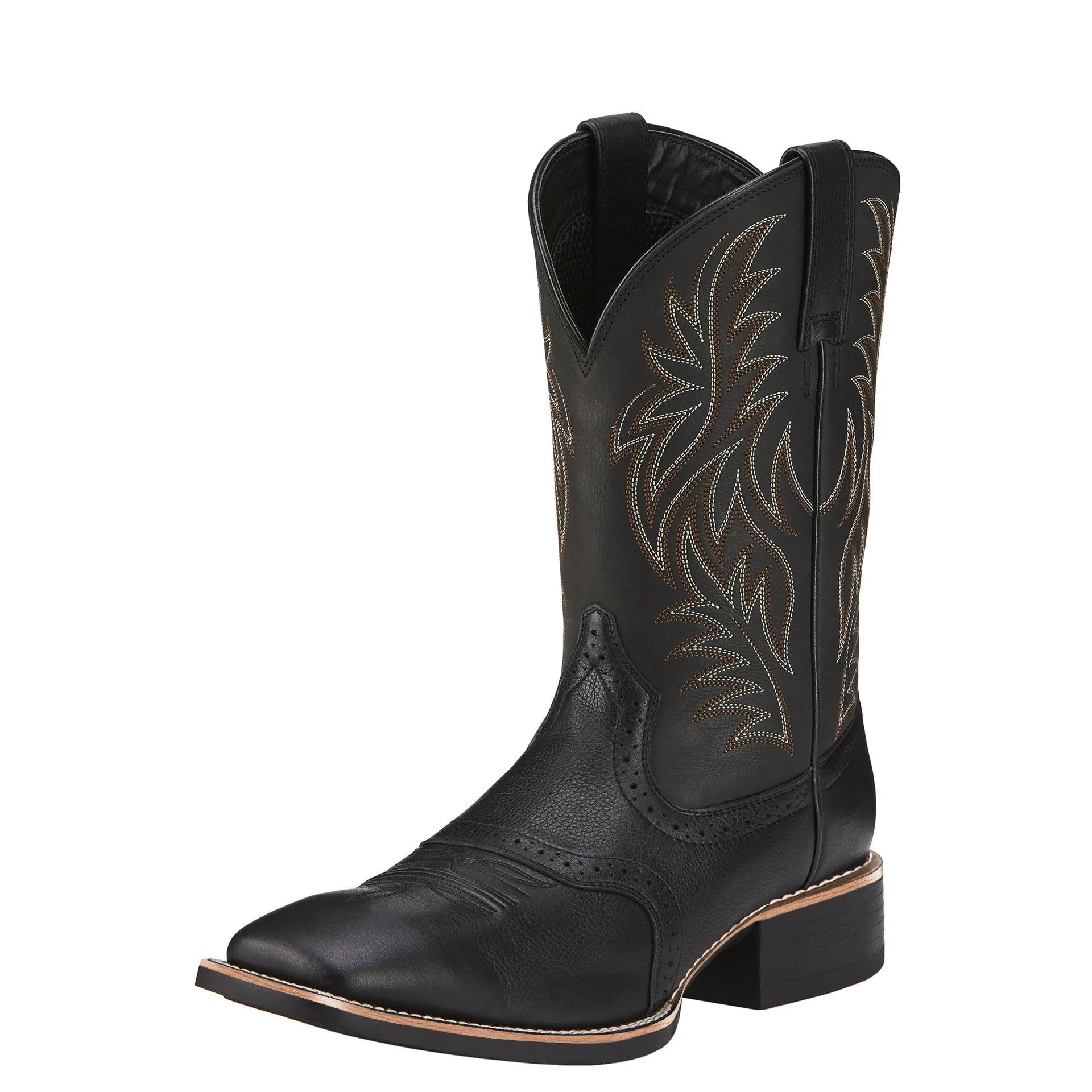 Men's black embroidered wide square-toe cowboy boots with a low heel on a neutral background.