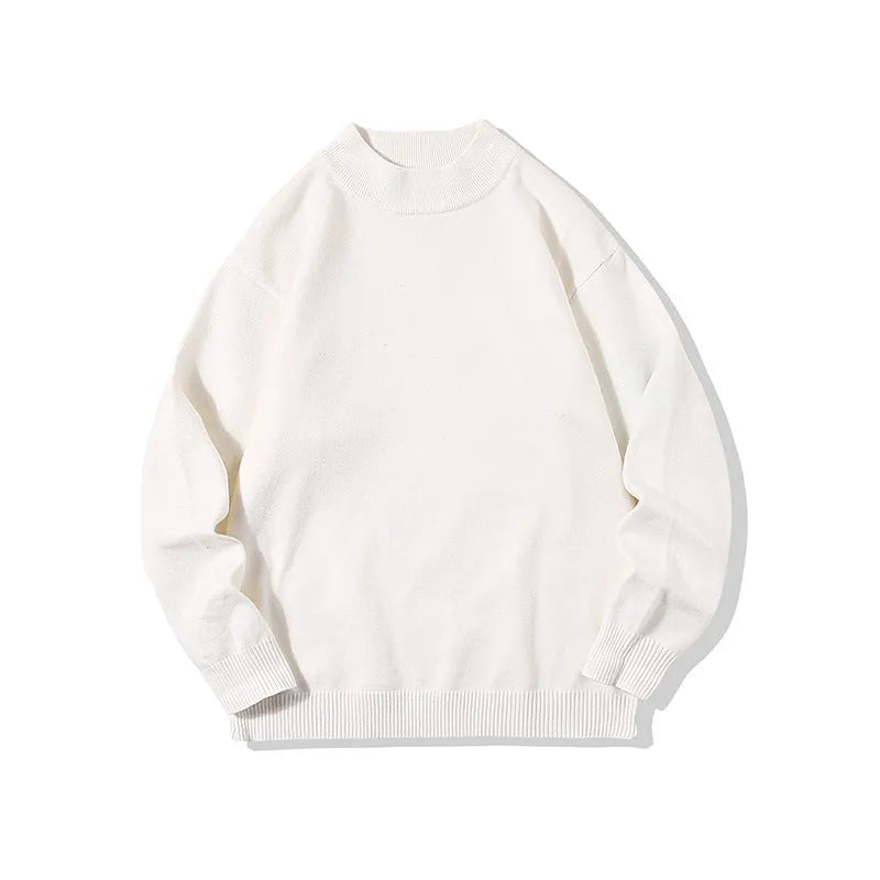 Men's loose fit round neck pullover sweater in a solid colour on a hanger.