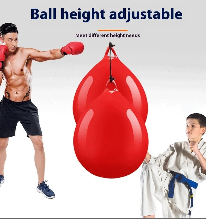 Red water filled PVC boxing reaction ball with hook rope attachment for martial arts training