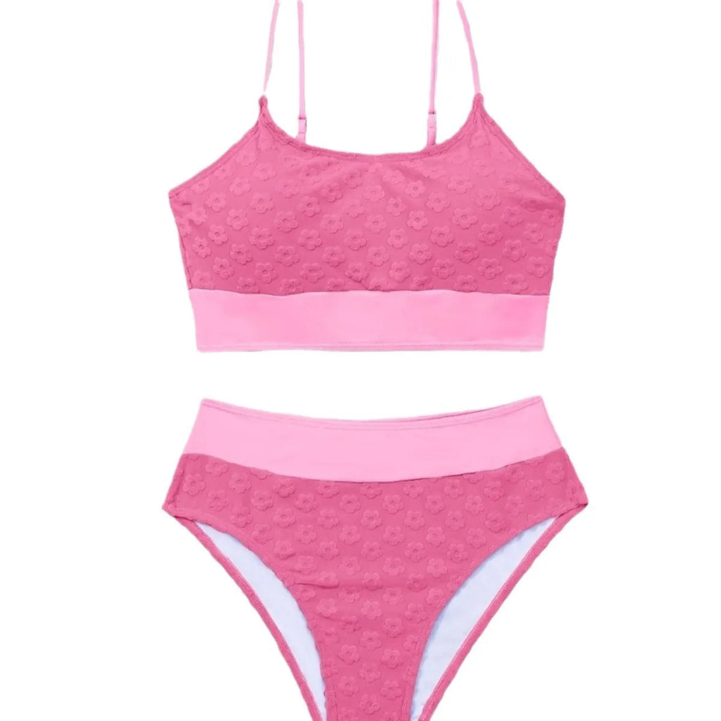 Women's high waist backless bikini swimsuit in blue or rose red, sizes S to XL, polyester fabric and lining.