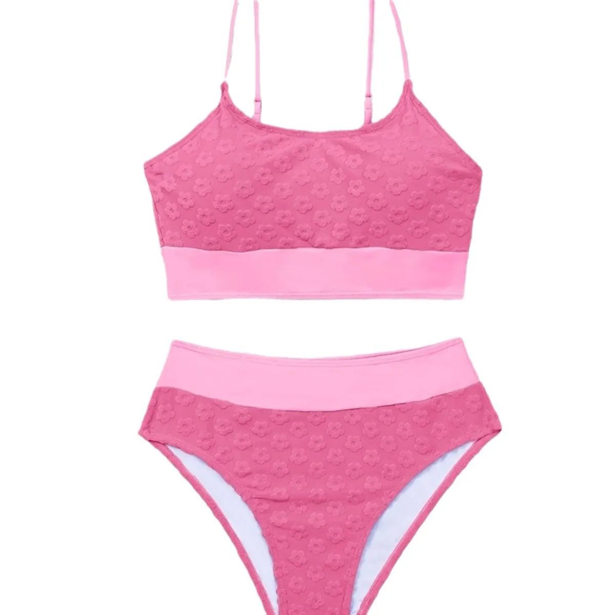 Women's high waist backless bikini swimsuit in blue or rose red, sizes S to XL, polyester fabric and lining.