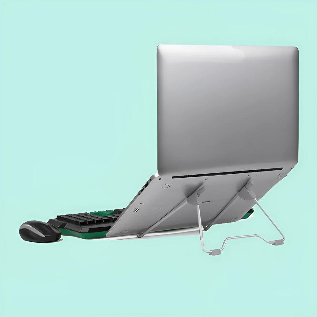 Grey aluminium alloy adjustable phone and laptop stand on desk