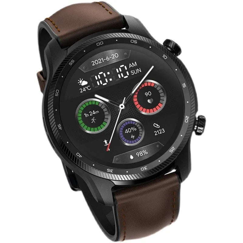 Black Ticwatch Pro X smartwatch on wrist showing time and heart rate on its dual-layer display.