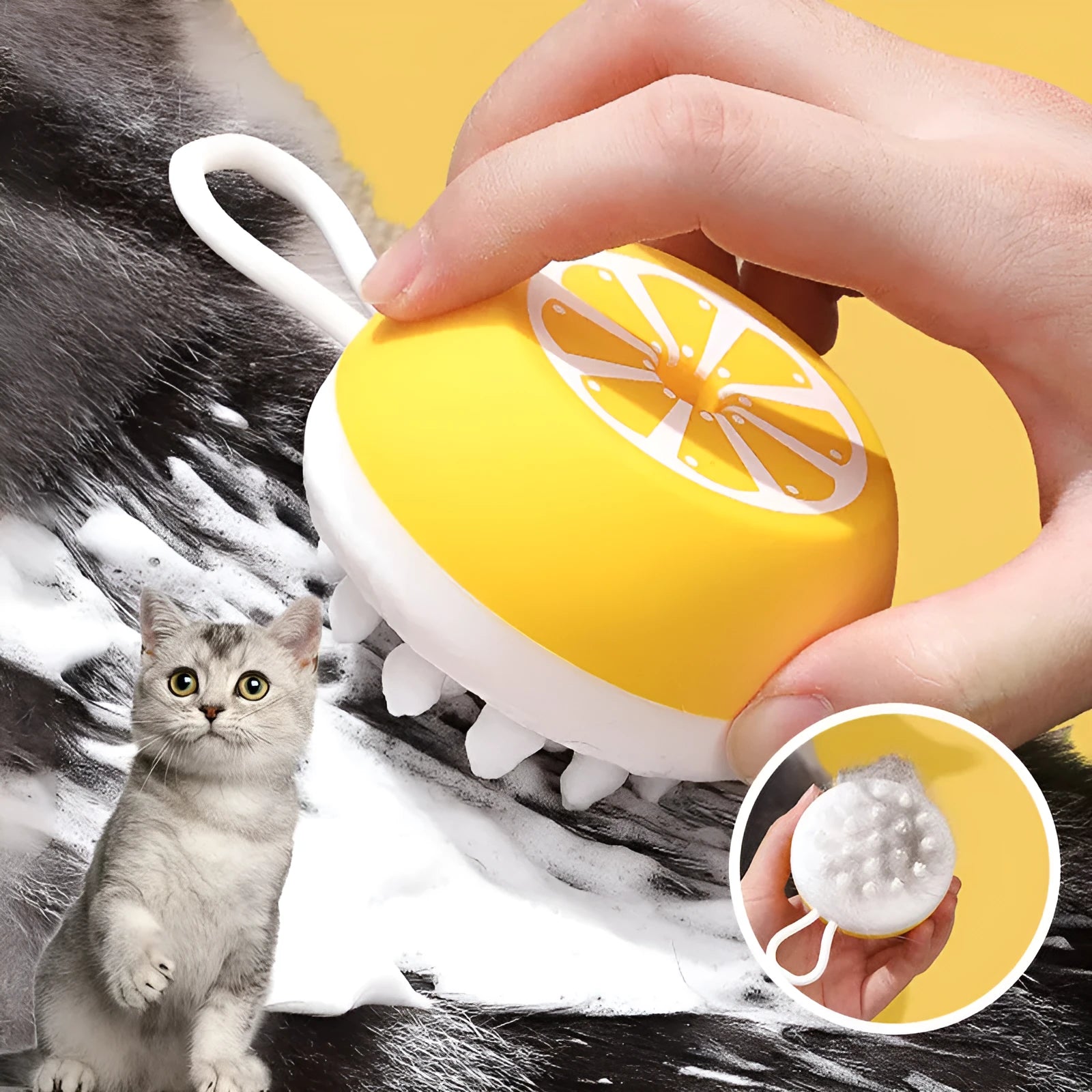 Yellow silicone pet bath brush with massage bristles and a combed grooming section on a single handle.