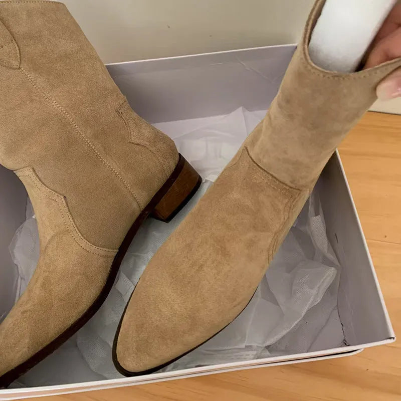 Khaki women's pointed toe chunky heel western cowboy boots with cowhide upper and stitching details