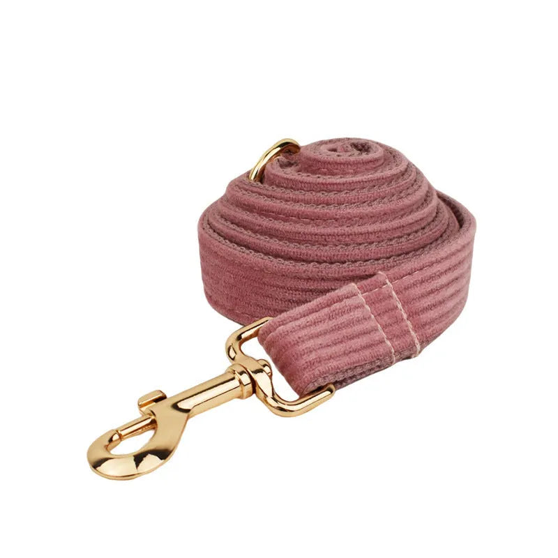 Red corduroy dog collar and leash set with matching vest, poop bag, and decorative bow for small to XL dogs