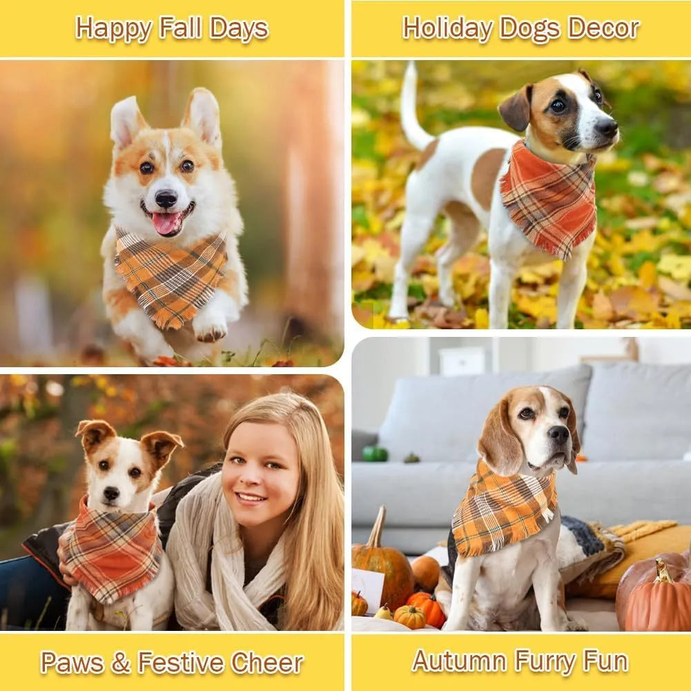 Classic plaid dog bandana with tassel edges in autumn colours of brown, green, orange, red, yellow.