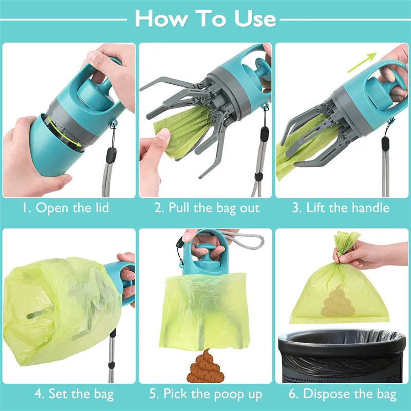 Blue portable dog pooper scooper with built-in bag dispenser and eight-claw shovel.