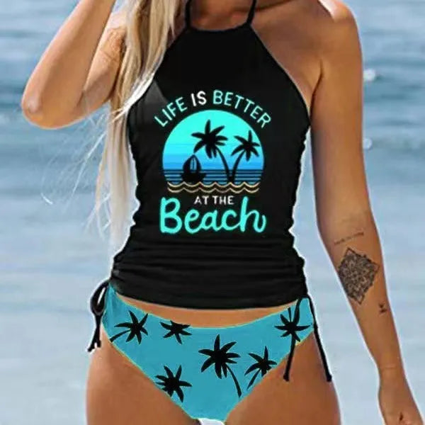 Conservative women's swimsuit with colourful split print design and briefs cut