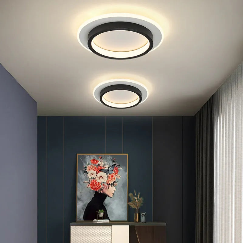 Round wood surface mounted LED ceiling light for hallway in black finish 20cm diameter