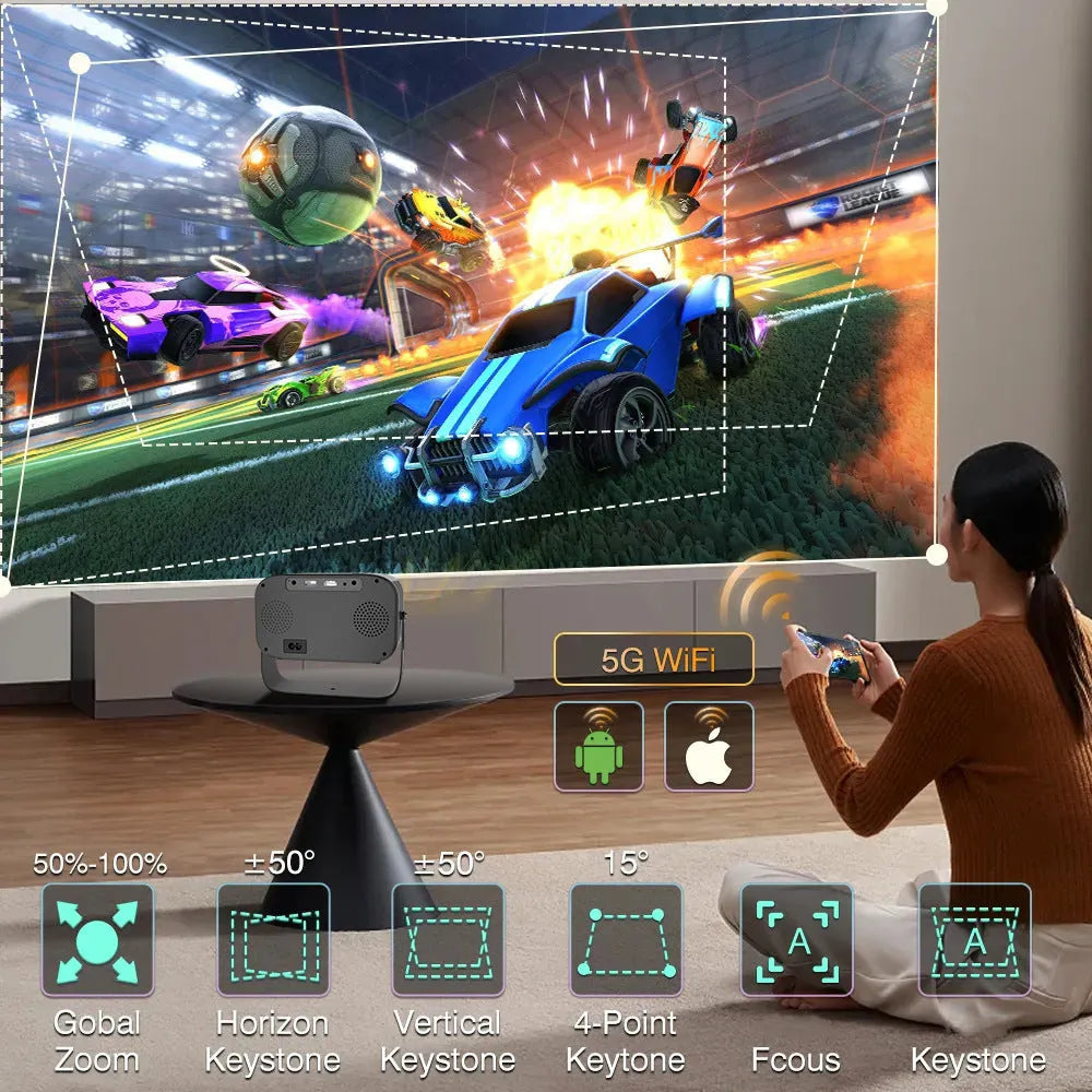 Black portable HD projector with remote control for home office use