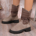 Women's chunky heel mid-calf snow boots in suede with fleece lining and lace-up front