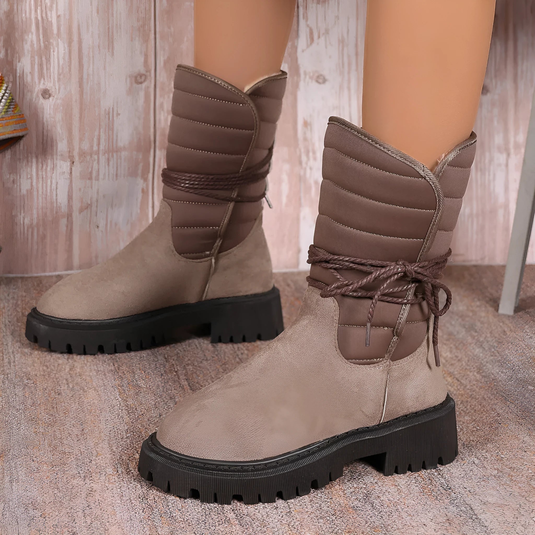 Women's chunky heel mid-calf snow boots in suede with fleece lining and lace-up front