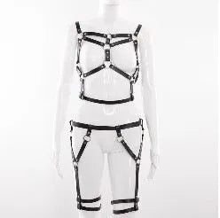 Black PU bondage underwear set with bowknot handcuffs, top, and bottom for women