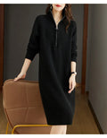 Half zip casual woolen skirt with stand collar and wide waist in straight dress silhouette