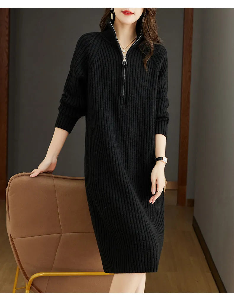 Half zip casual woolen skirt with stand collar and wide waist in straight dress silhouette