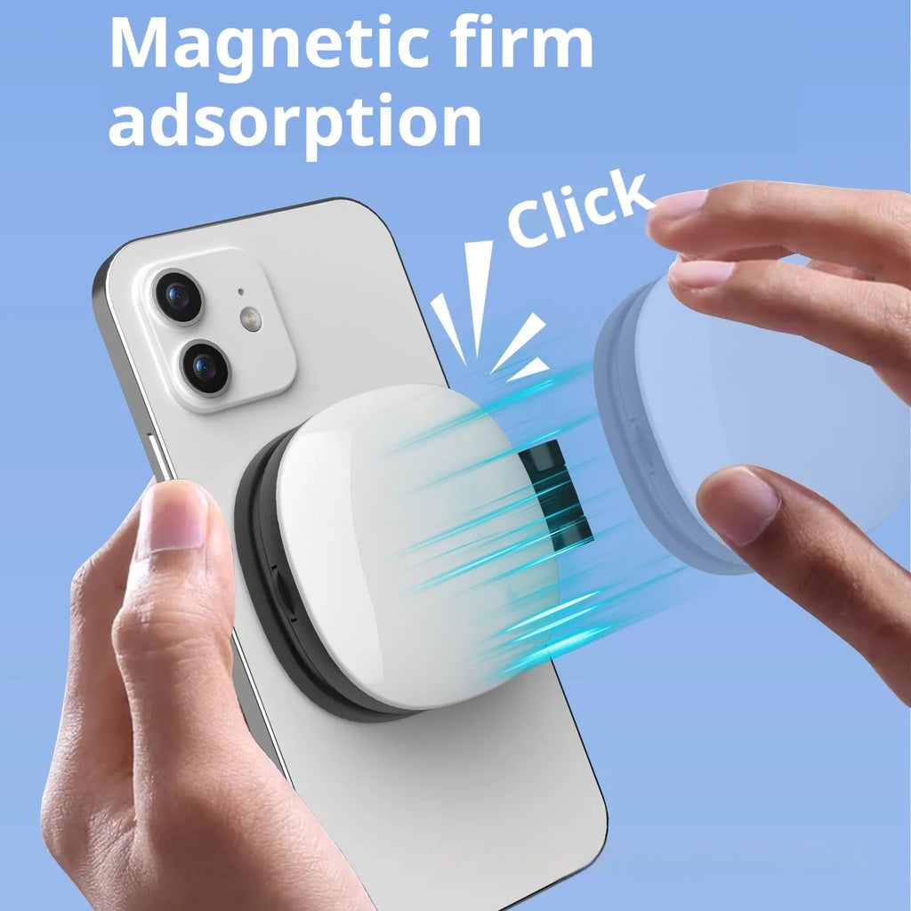 Black and white mini portable fill light with magnetic phone holder showing three colour temperature settings