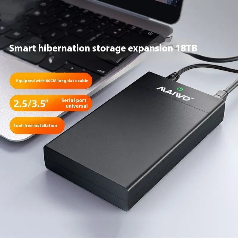 3.5-inch external hard drive enclosure in ABS plastic with USB 3.0 cable and power supply.