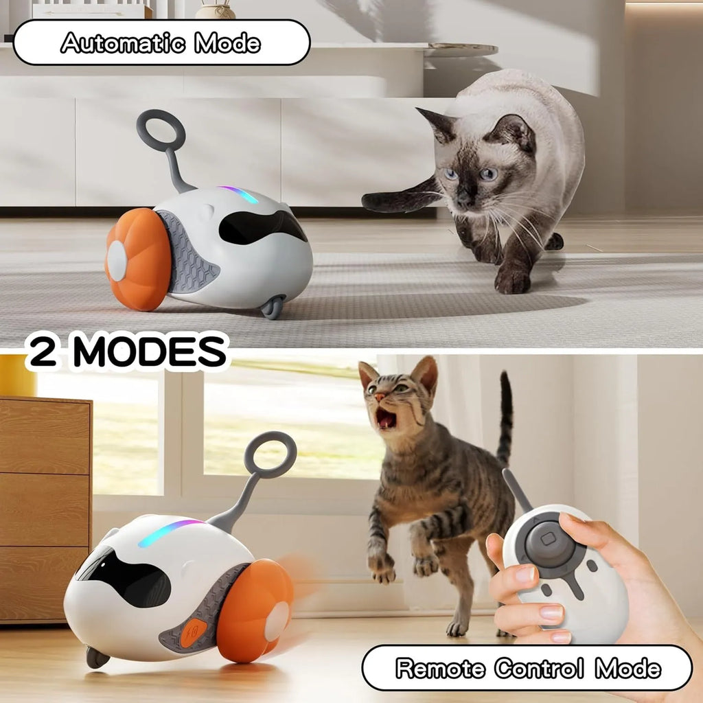 Interactive cat toy in blue with rechargeable joystick remote control and feather attachment for indoor cat exercise