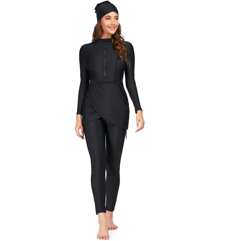 Black conservative Muslim swimsuit for ladies with long sleeves and full-length trousers