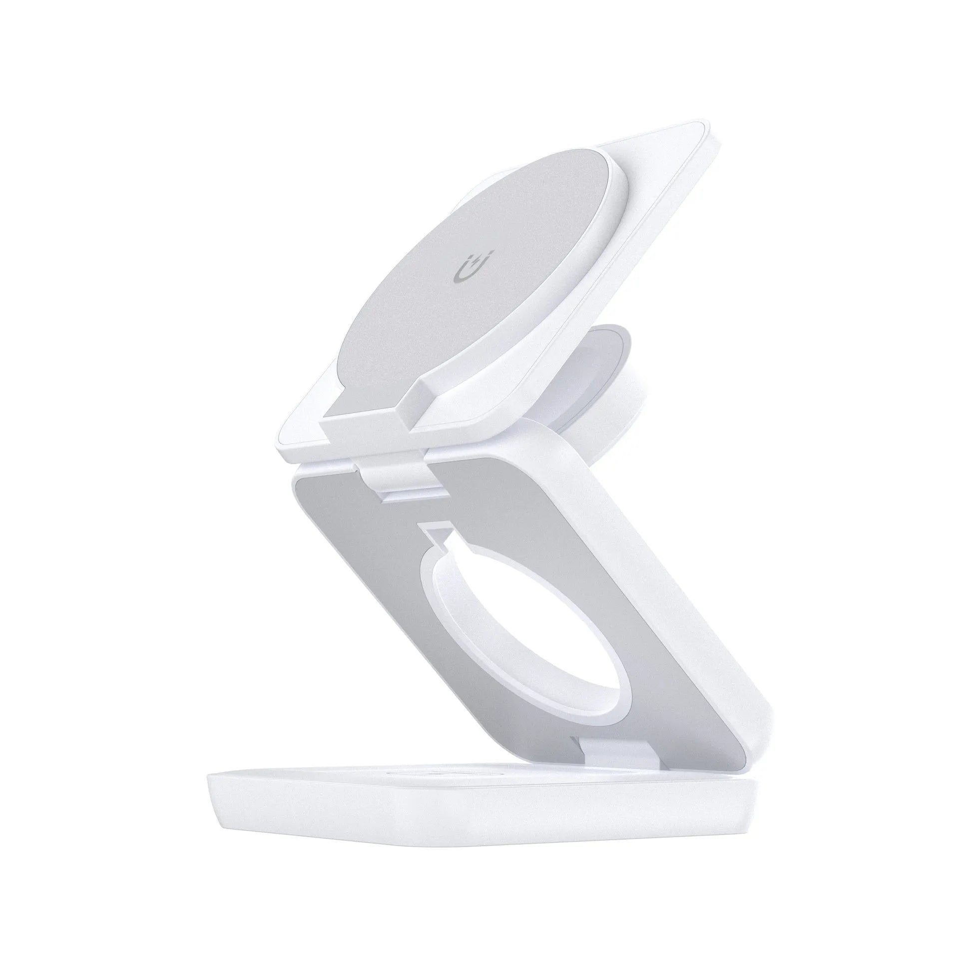 White foldable magnetic wireless charger and phone holder on a desk